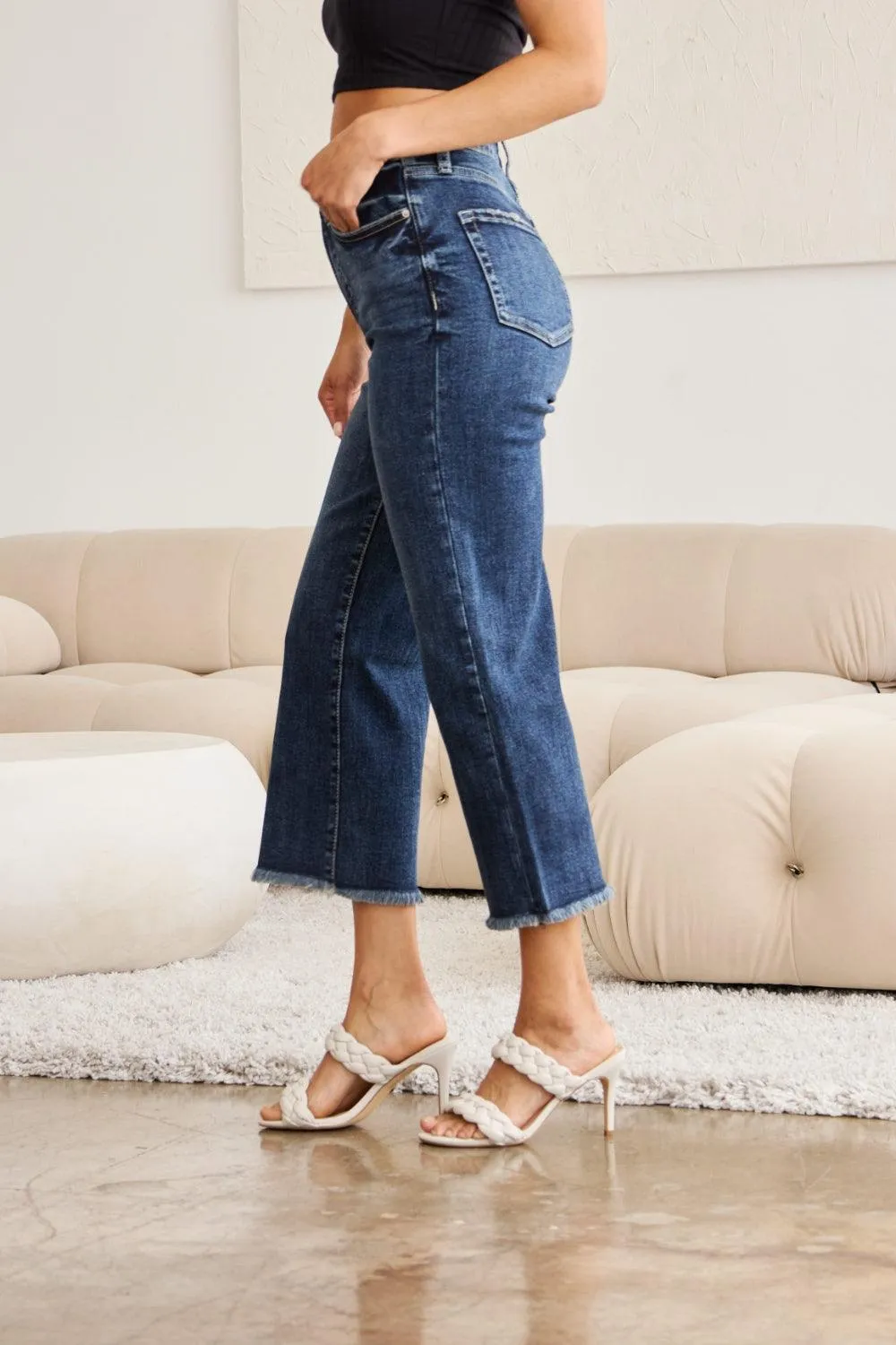 Plus Size Tummy Control High Waist Raw Hem Jeans Denim Pants