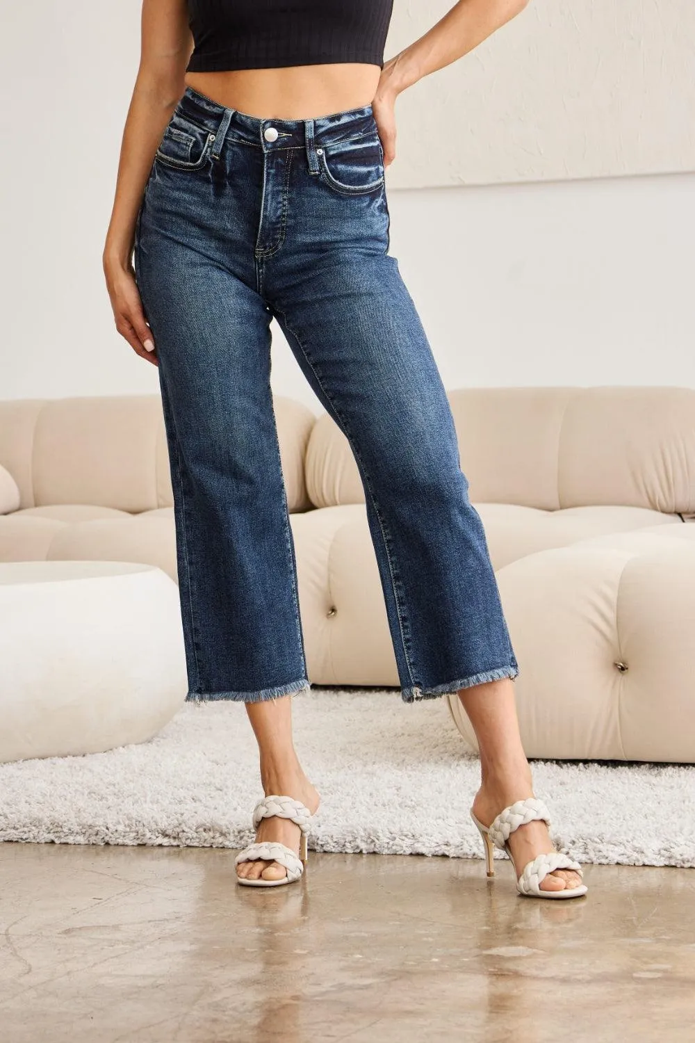Plus Size Tummy Control High Waist Raw Hem Jeans Denim Pants