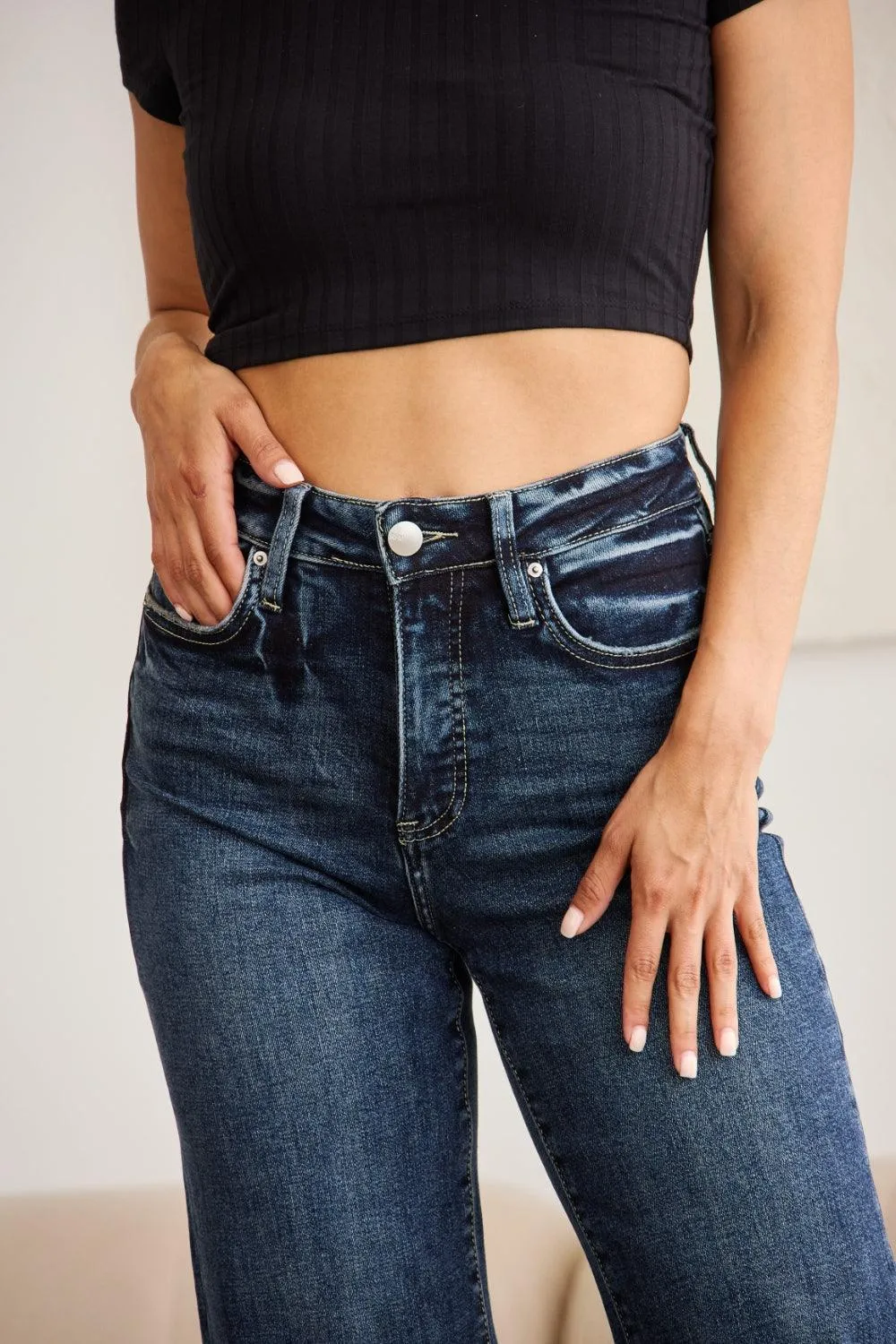 Plus Size Tummy Control High Waist Raw Hem Jeans Denim Pants