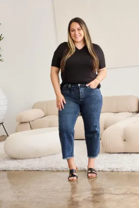 Plus Size Tummy Control High Waist Raw Hem Jeans Denim Pants