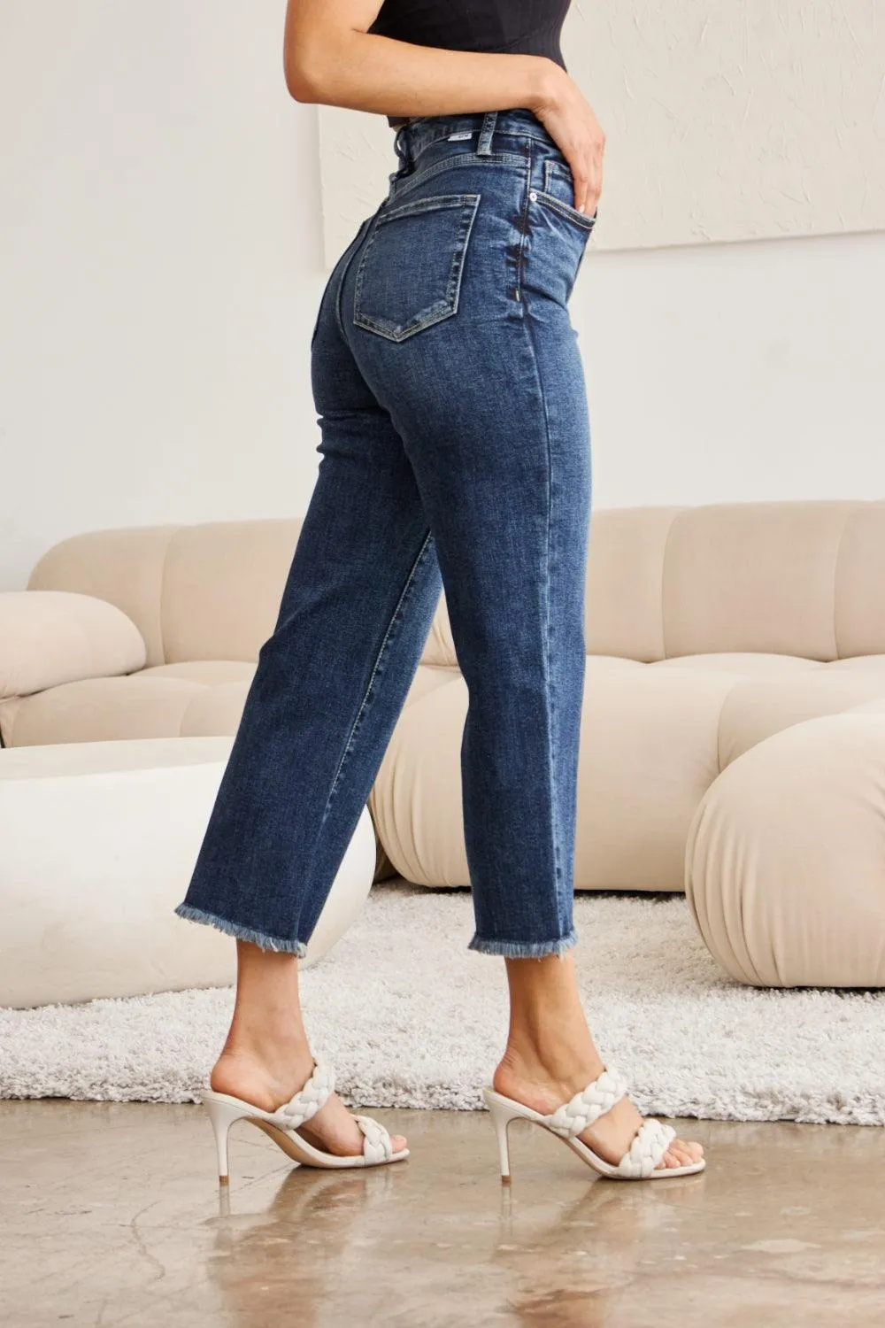 Plus Size Tummy Control High Waist Raw Hem Jeans Denim Pants