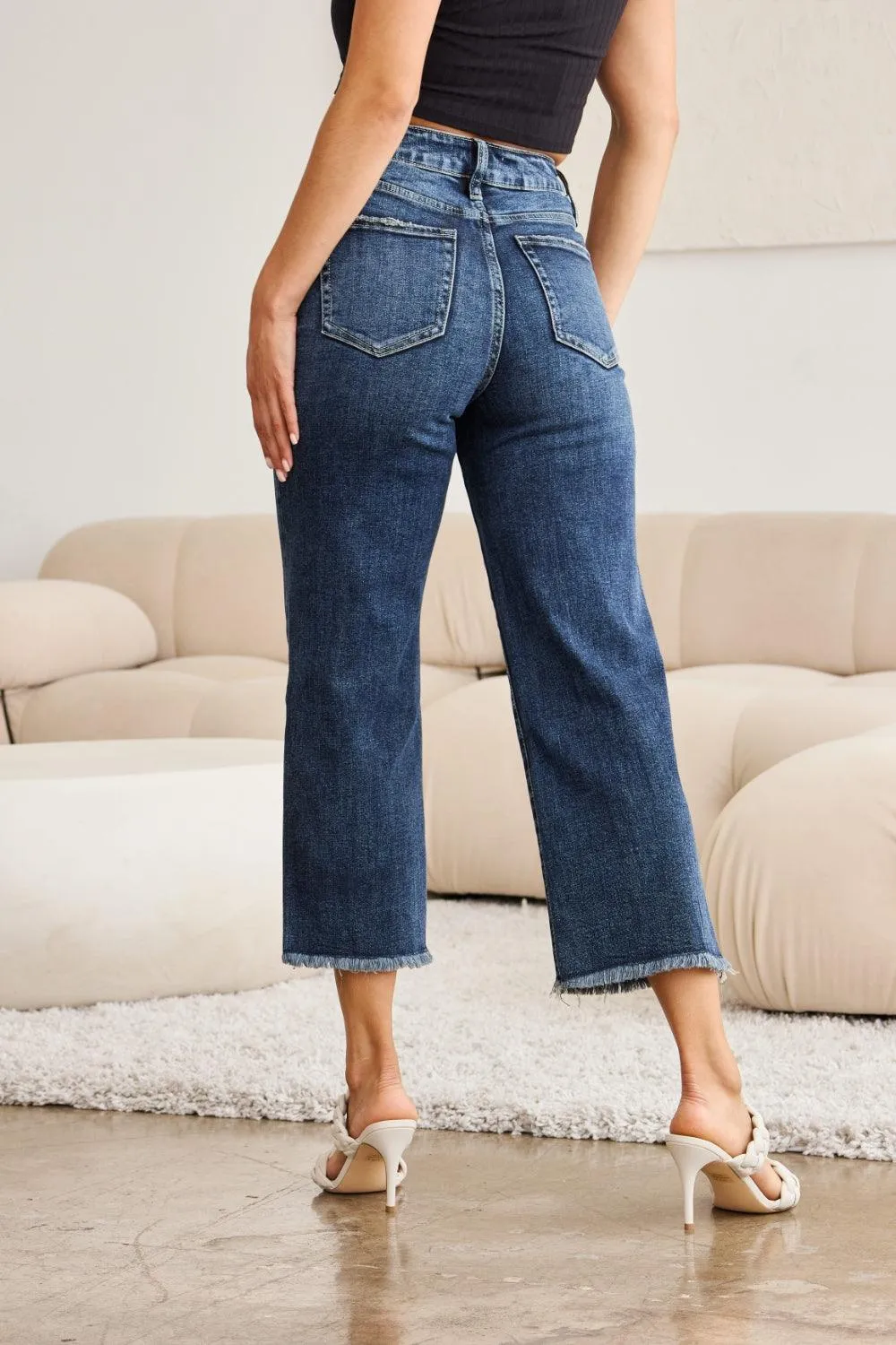 Plus Size Tummy Control High Waist Raw Hem Jeans Denim Pants