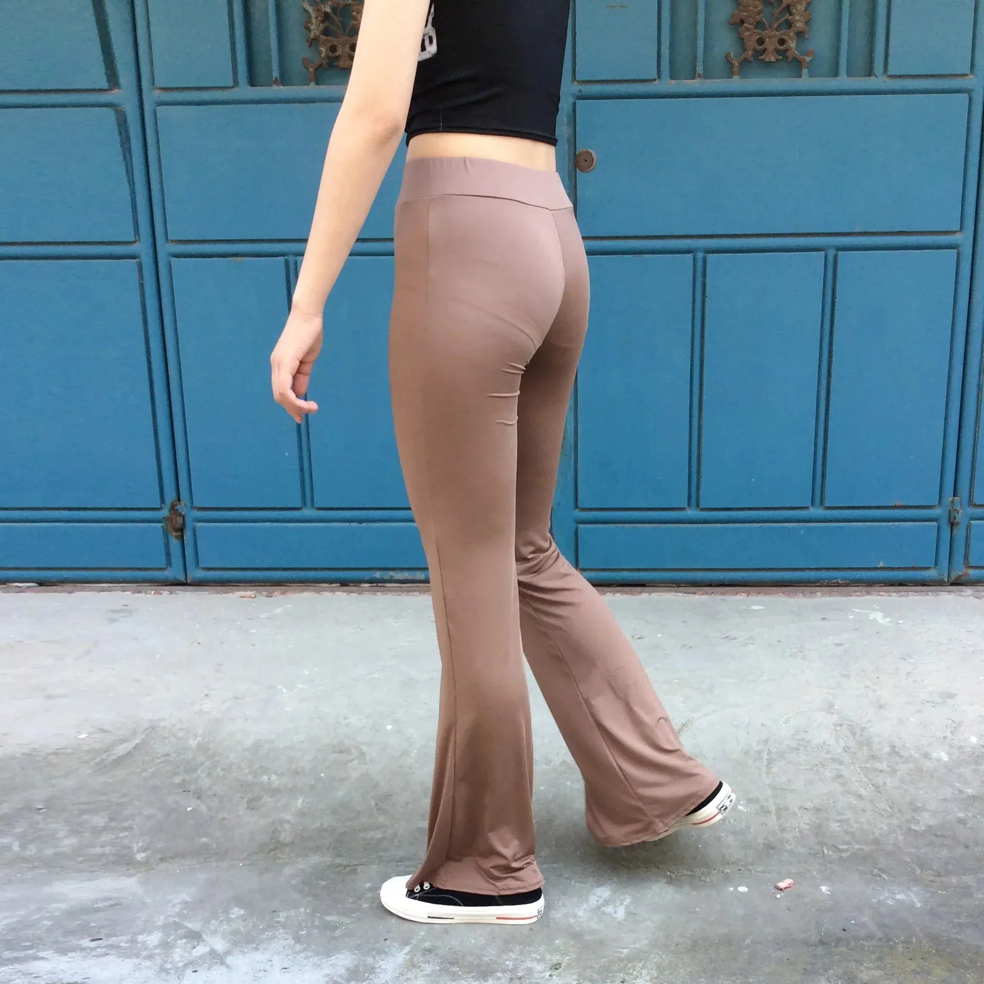 Solid Color High Elastic Bell-bottom Pants
