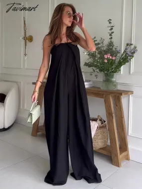 Tavimart Faux Linen Jumpsuit For Women Elegant Wide Leg Pants Jumpsuit Summer Sleeveless Strapless Front Dart Detail Black Jumpsuits