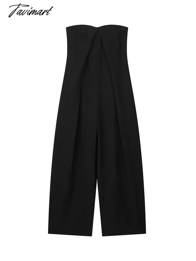 Tavimart Faux Linen Jumpsuit For Women Elegant Wide Leg Pants Jumpsuit Summer Sleeveless Strapless Front Dart Detail Black Jumpsuits