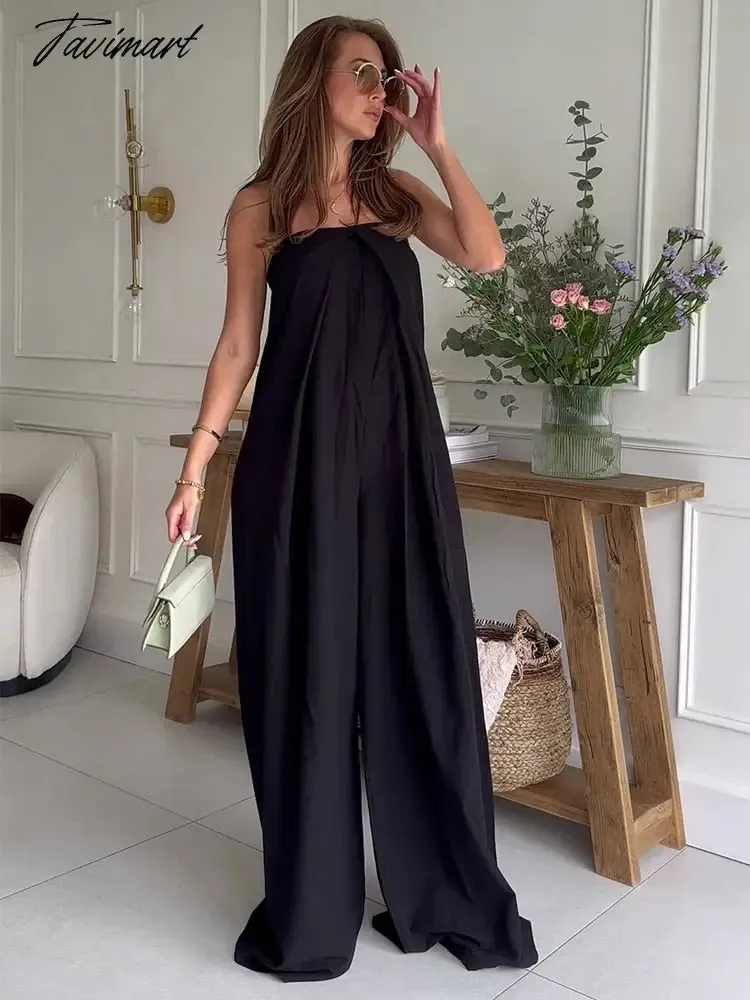 Tavimart Faux Linen Jumpsuit For Women Elegant Wide Leg Pants Jumpsuit Summer Sleeveless Strapless Front Dart Detail Black Jumpsuits