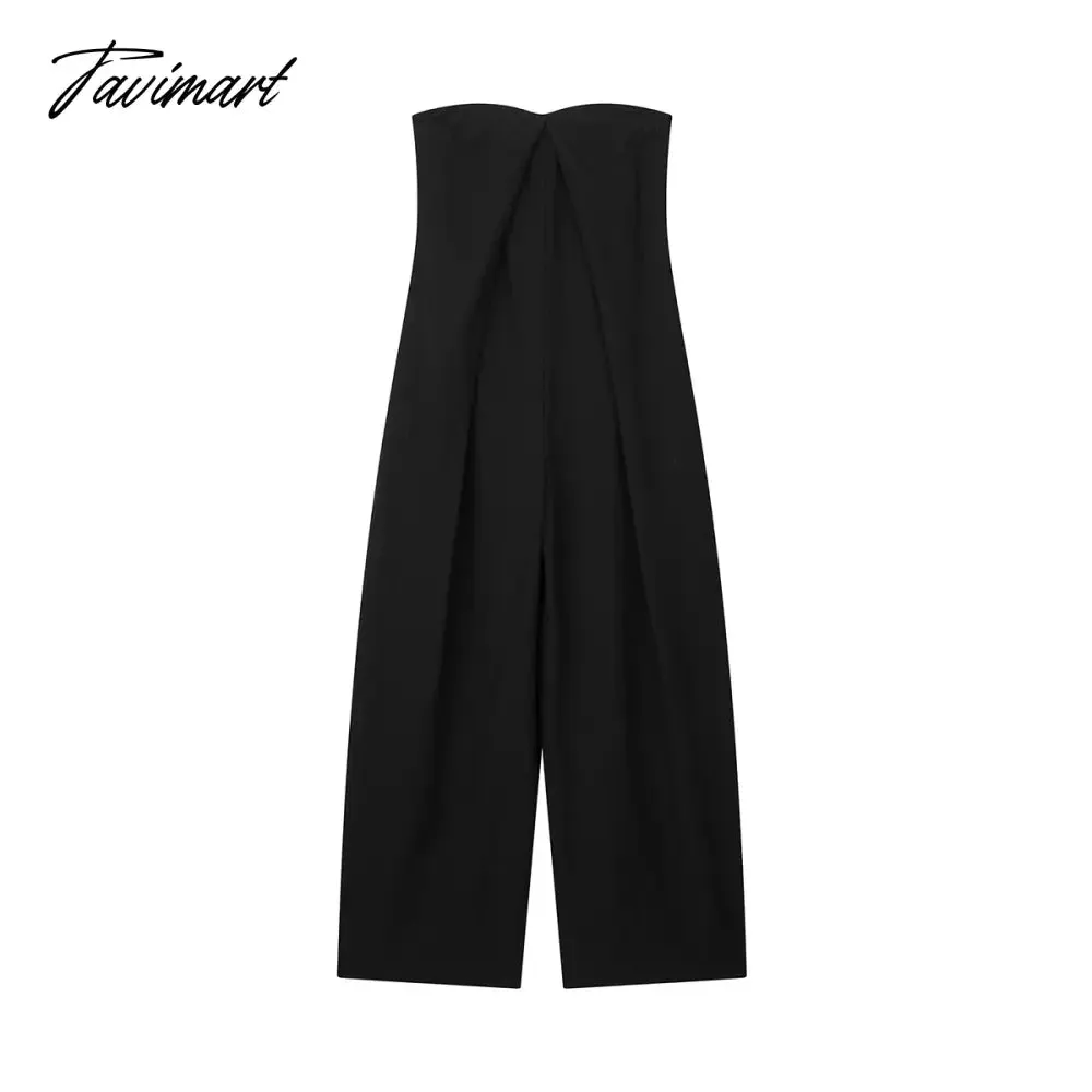 Tavimart Faux Linen Jumpsuit For Women Elegant Wide Leg Pants Jumpsuit Summer Sleeveless Strapless Front Dart Detail Black Jumpsuits