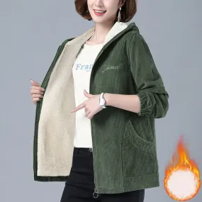 Warm Women Corduroy Coat Winter Thick Vintage Large Size Pocket Zipper Female Jacket Hooded Loose Long Sleeve Lady Clothes